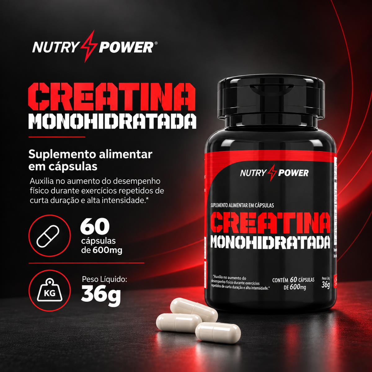 Creatina Monohidratada 600mg 60 Cáps Nutry Power - ApisNutri