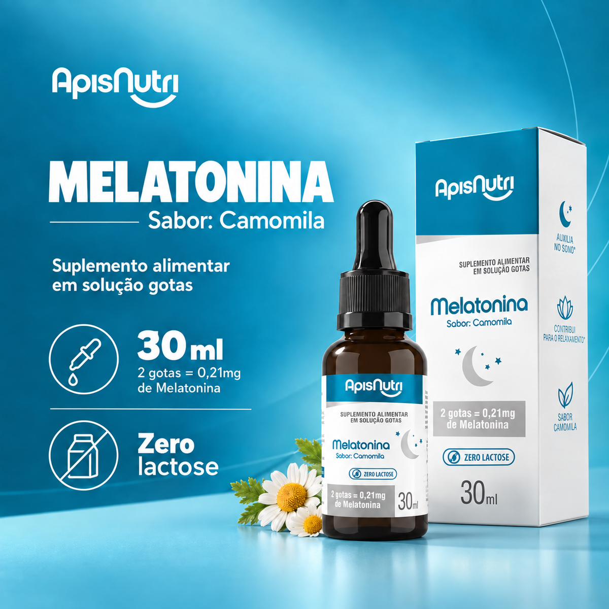 Melatonina Gotas 30ml Sabor Camomila Alta Concentração 0,21mg por Porção - ApisNutri